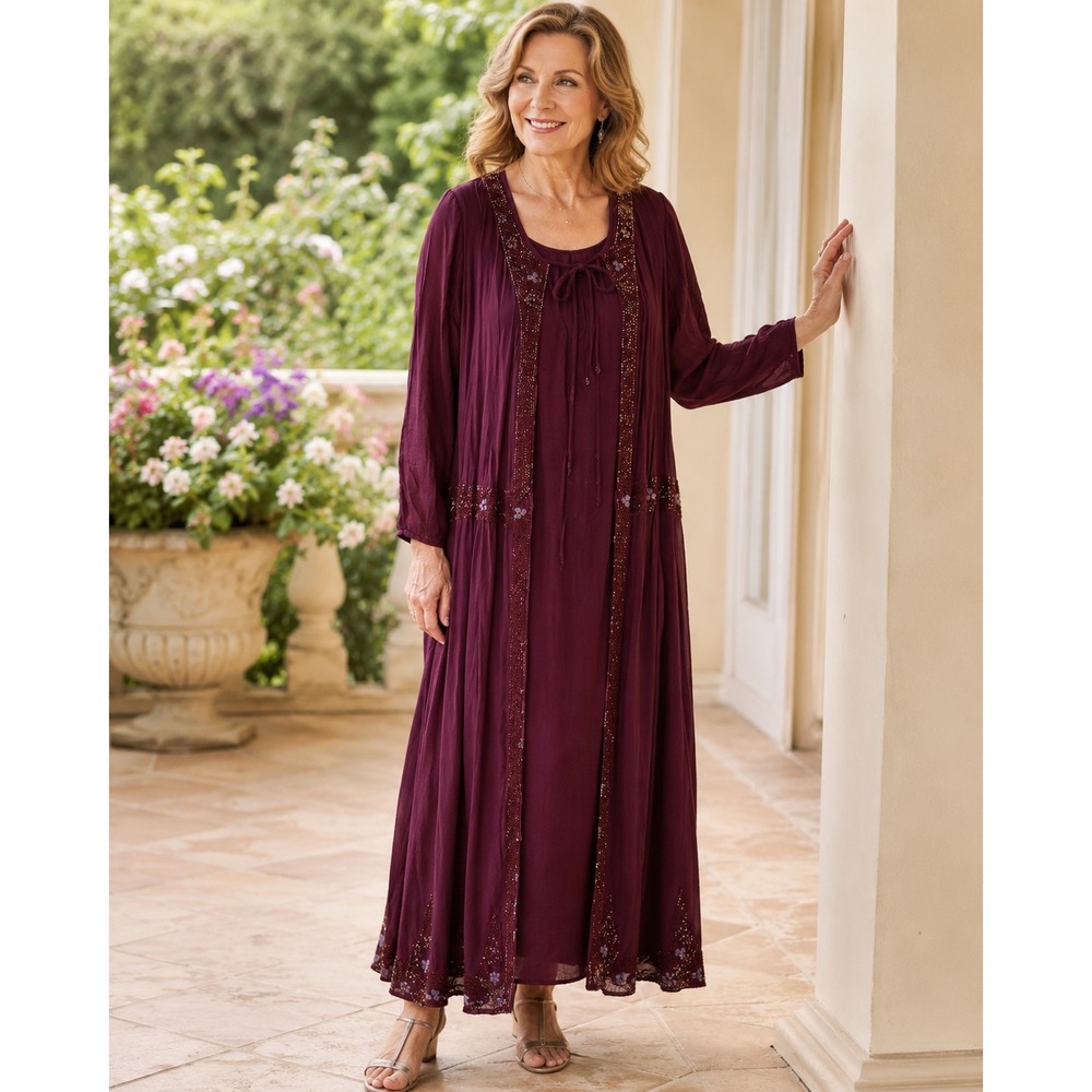 April Cornell Vintage Beaded Duster Dress Maroon Mother of Bride Overlay Set Med